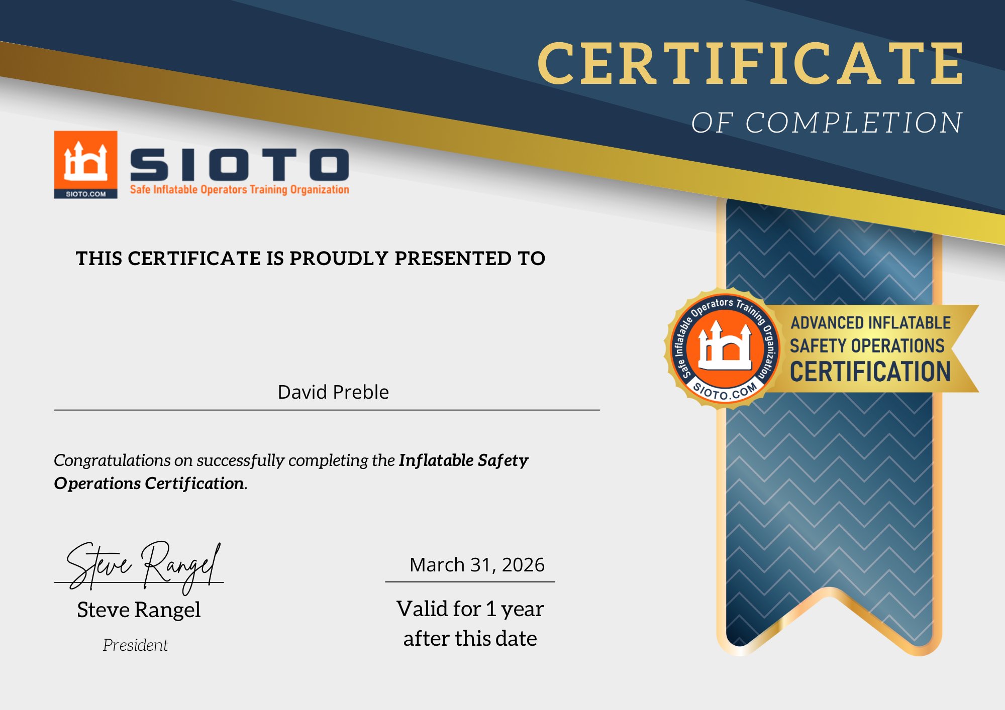SIOTO Advanced Certification certificate — David Preble